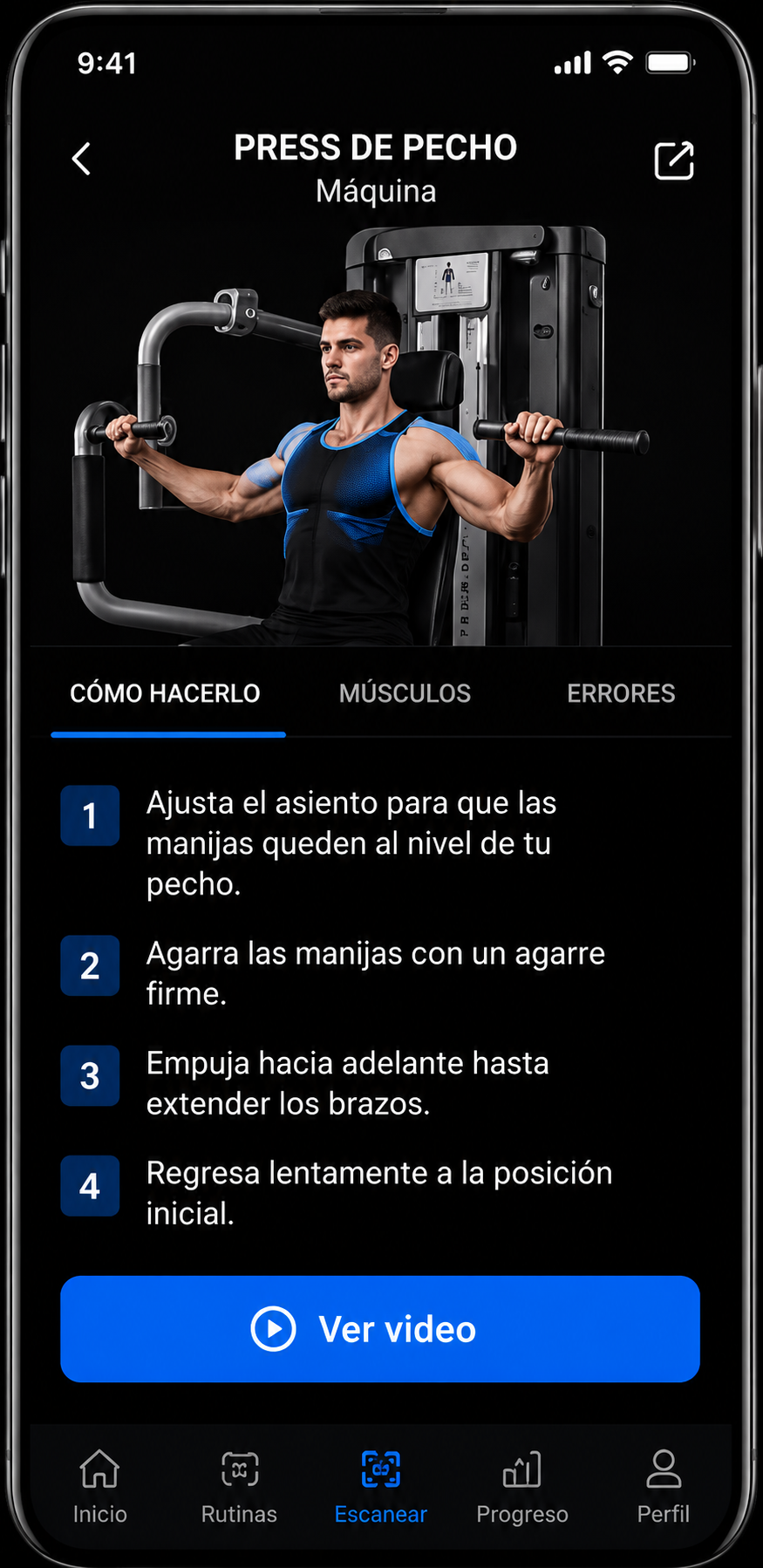 Vista de la app Sapiens Fit mostrando el ejercicio Press de Pecho